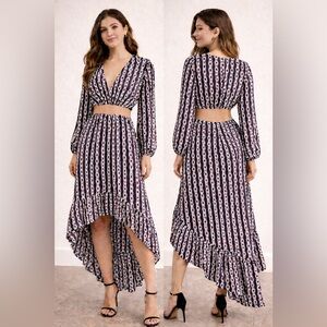 Indulge Black and Ivory High Low Dress With Ruffles